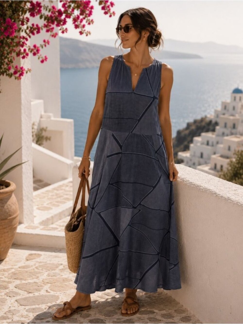 L.L.Bean Signature Maxi Dress Navy White Size 10 Geometric Summer Chic Casual